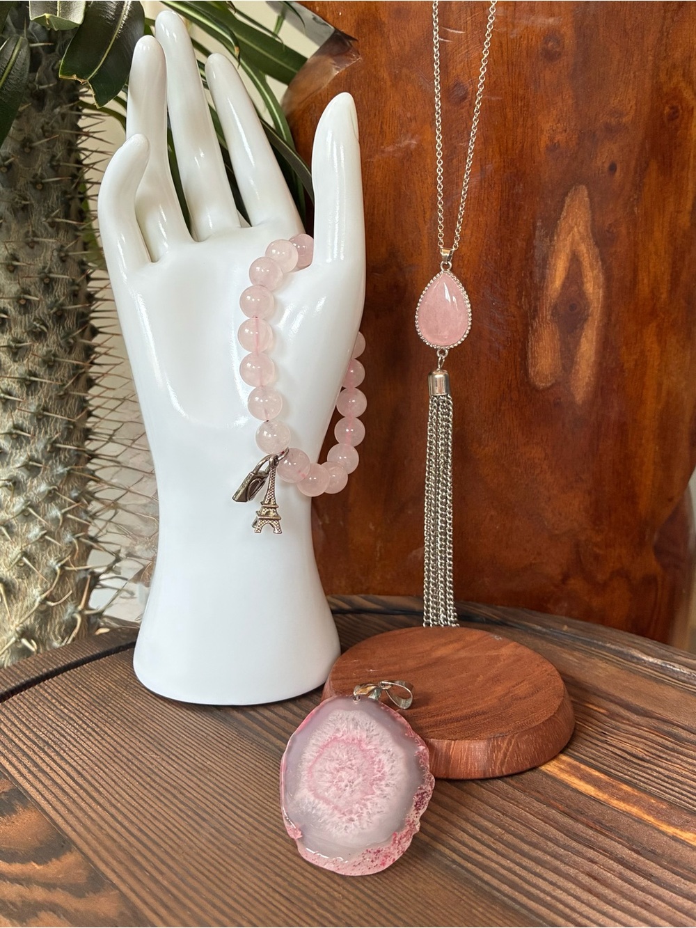 Rose Quartz Bead Bracelet With Pendant Necklace And Pink Agate Pendant